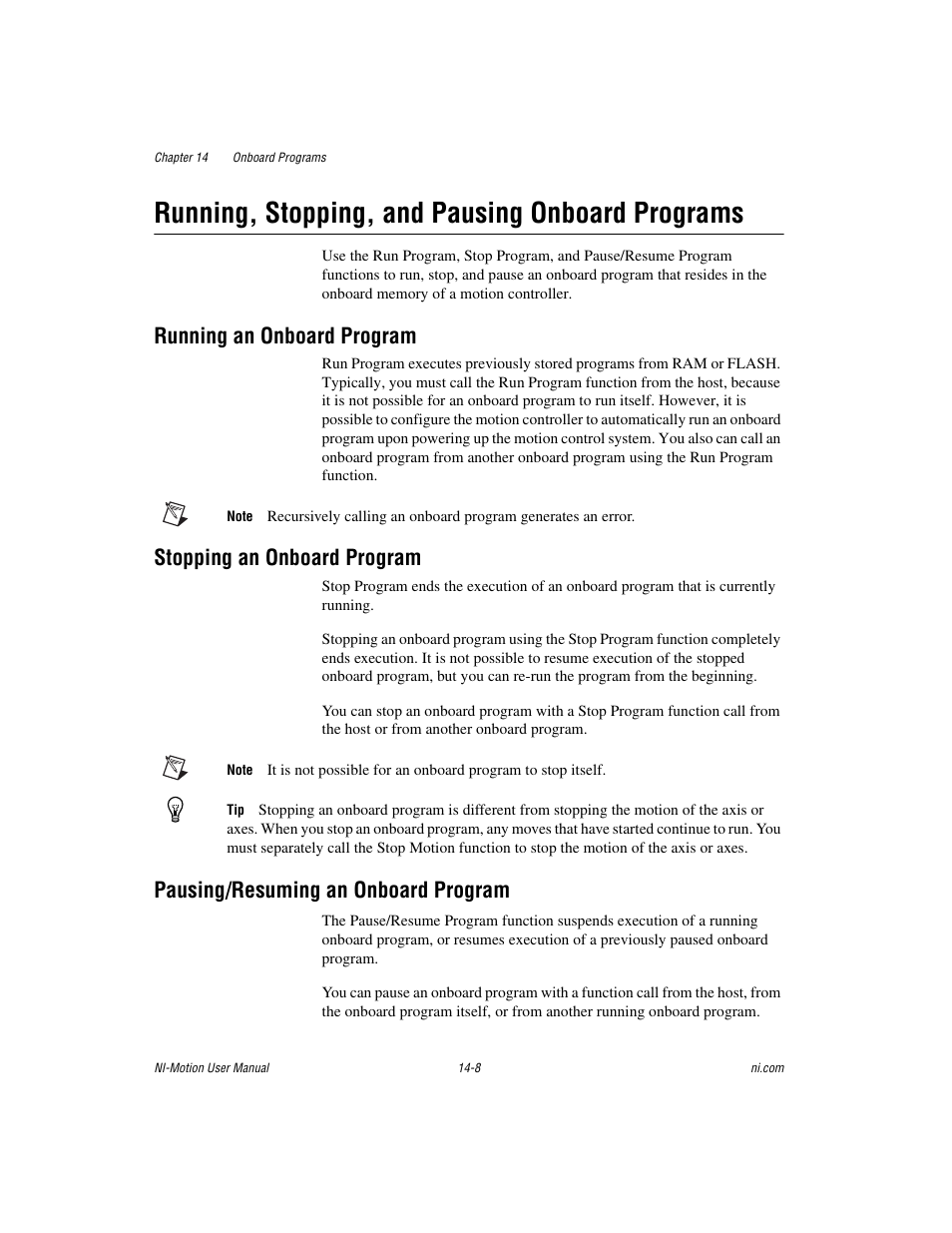 Running, stopping, and pausing onboard programs, Running an onboard program, Stopping an onboard program | Pausing/resuming an onboard program, Running, stopping, and pausing onboard programs -8 | National Instruments NI-Motion User Manual | Page 216 / 305