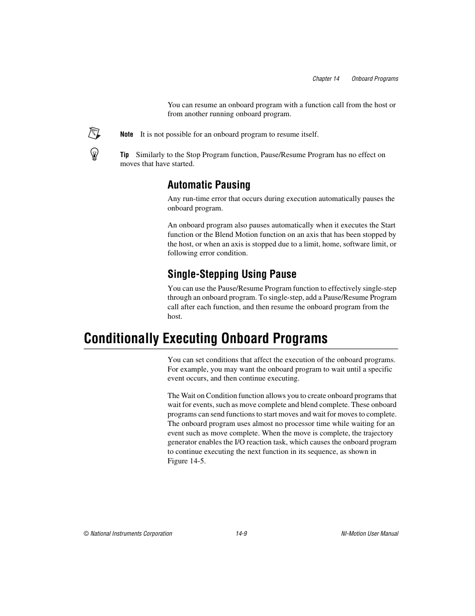 Automatic pausing, Single-stepping using pause, Conditionally executing onboard programs | Conditionally executing onboard programs -9 | National Instruments NI-Motion User Manual | Page 217 / 305