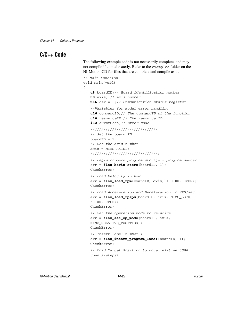 C/c++ code, C/c++ code -22 | National Instruments NI-Motion User Manual | Page 230 / 305