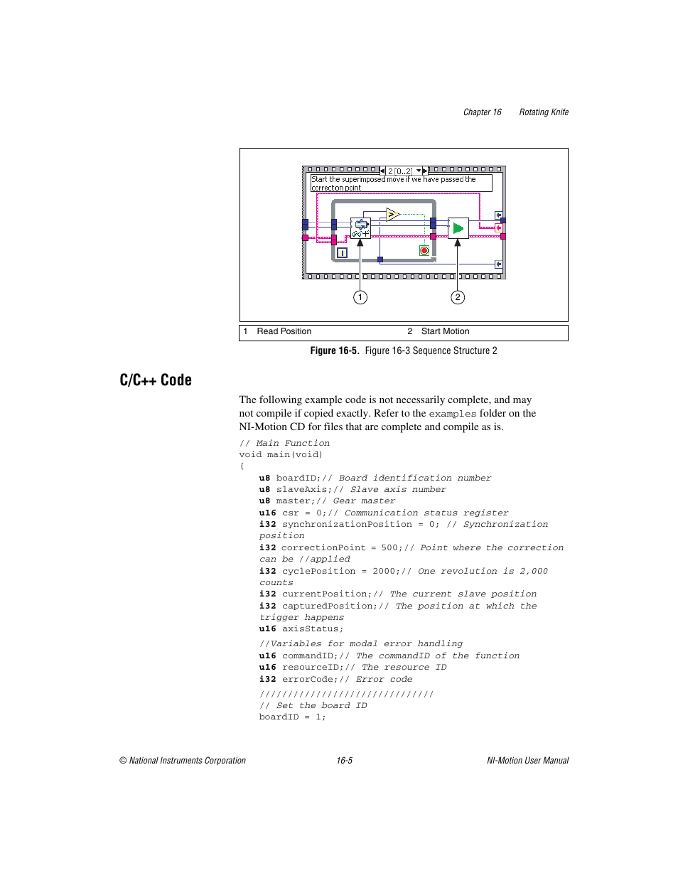 Figure 16-5. figure 16-3 sequence structure 2, C/c++ code, C/c++ code -5 | National Instruments NI-Motion User Manual | Page 276 / 305