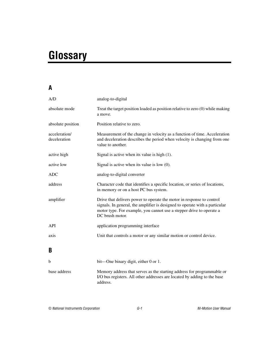 Glossary | National Instruments NI-Motion User Manual | Page 289 / 305