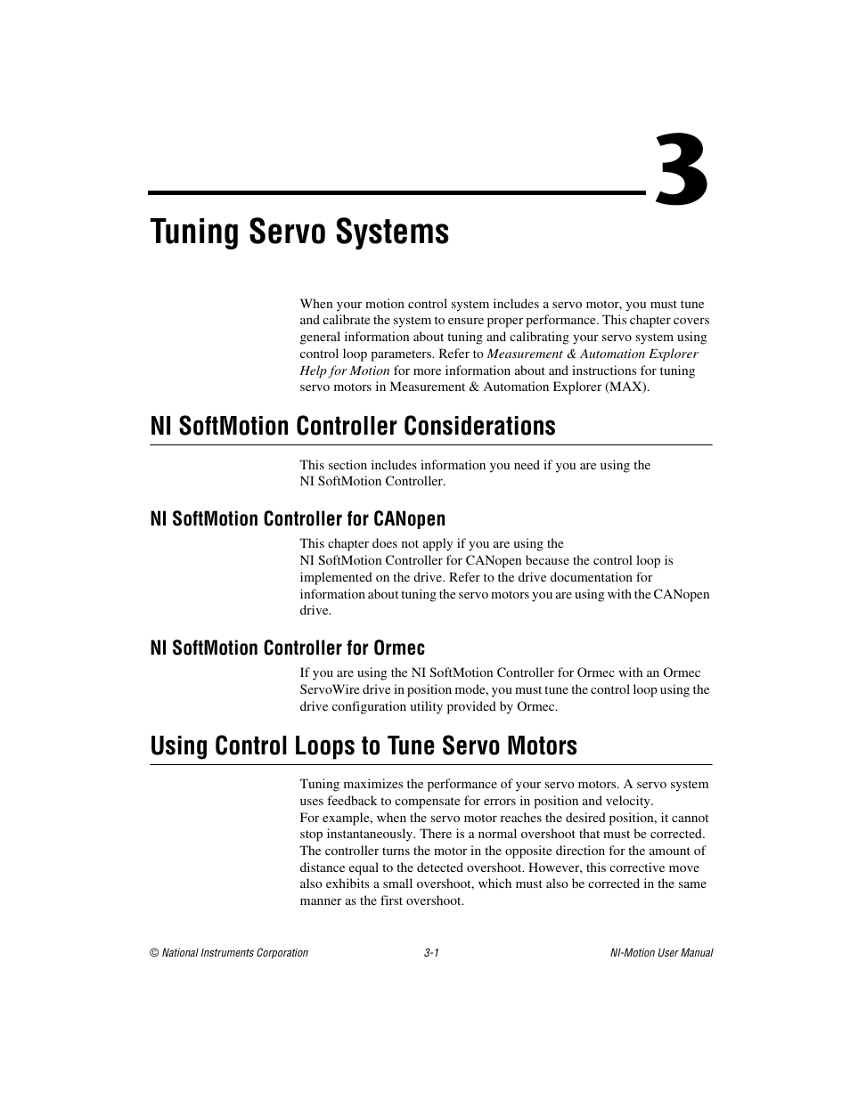Chapter 3 tuning servo systems, Ni softmotion controller considerations, Ni softmotion controller for canopen | Ni softmotion controller for ormec, Using control loops to tune servo motors, Ni softmotion controller considerations -1, Using control loops to tune servo motors -1, Tuning servo systems | National Instruments NI-Motion User Manual | Page 29 / 305