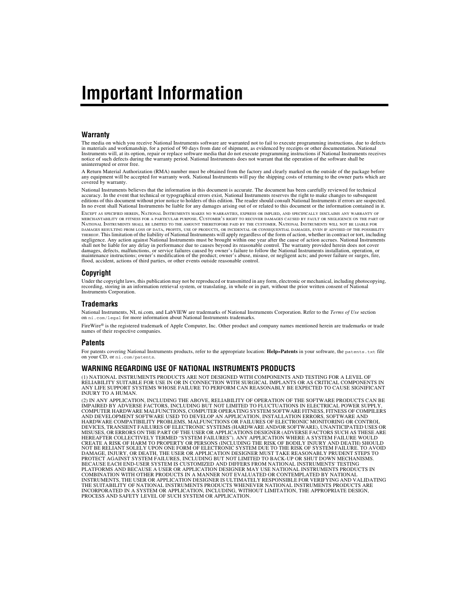 Important information, Warranty, Copyright | Trademarks, Patents | National Instruments NI-Motion User Manual | Page 3 / 305