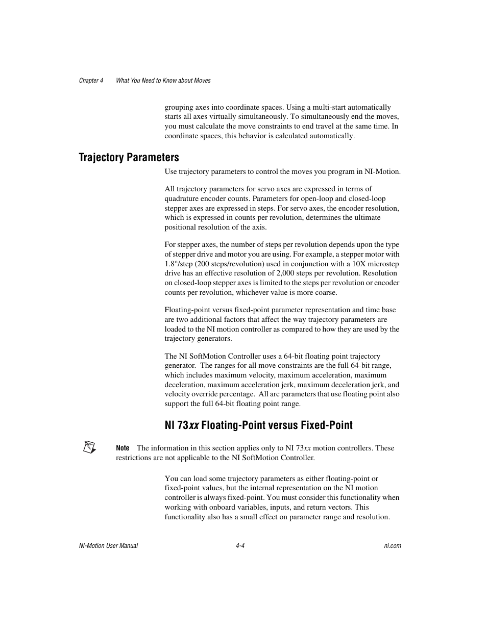Trajectory parameters, Ni 73xx floating-point versus fixed-point, Trajectory parameters -4 | Ni 73 xx floating-point versus fixed-point -4, Ni 73 xx floating-point versus fixed-point | National Instruments NI-Motion User Manual | Page 45 / 305