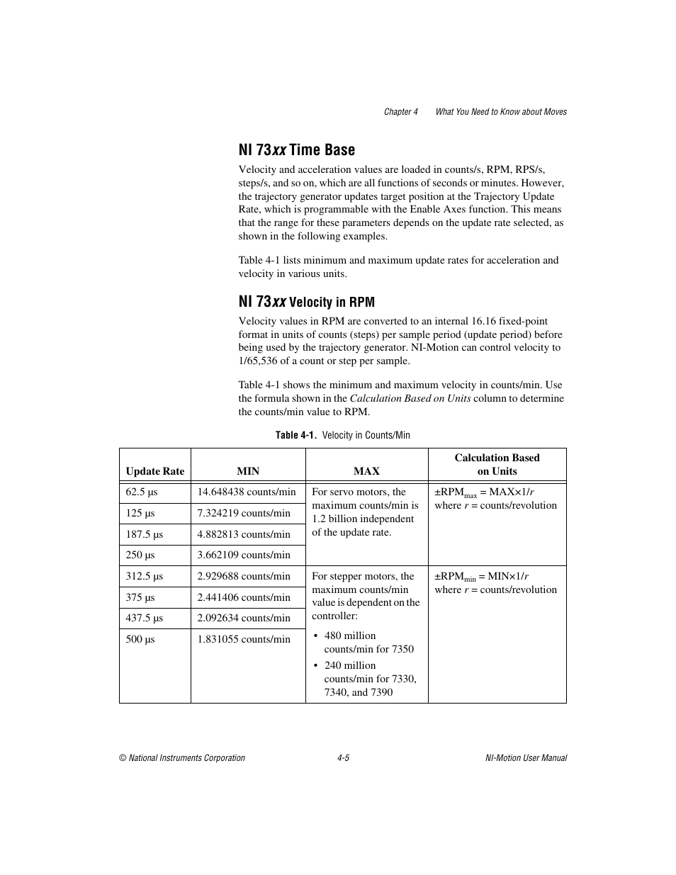 Ni 73xx time base, Table 4-1. velocity in counts/min, Ni 73 xx time base -5 | Ni 73 xx time base, Ni 73 xx | National Instruments NI-Motion User Manual | Page 46 / 305