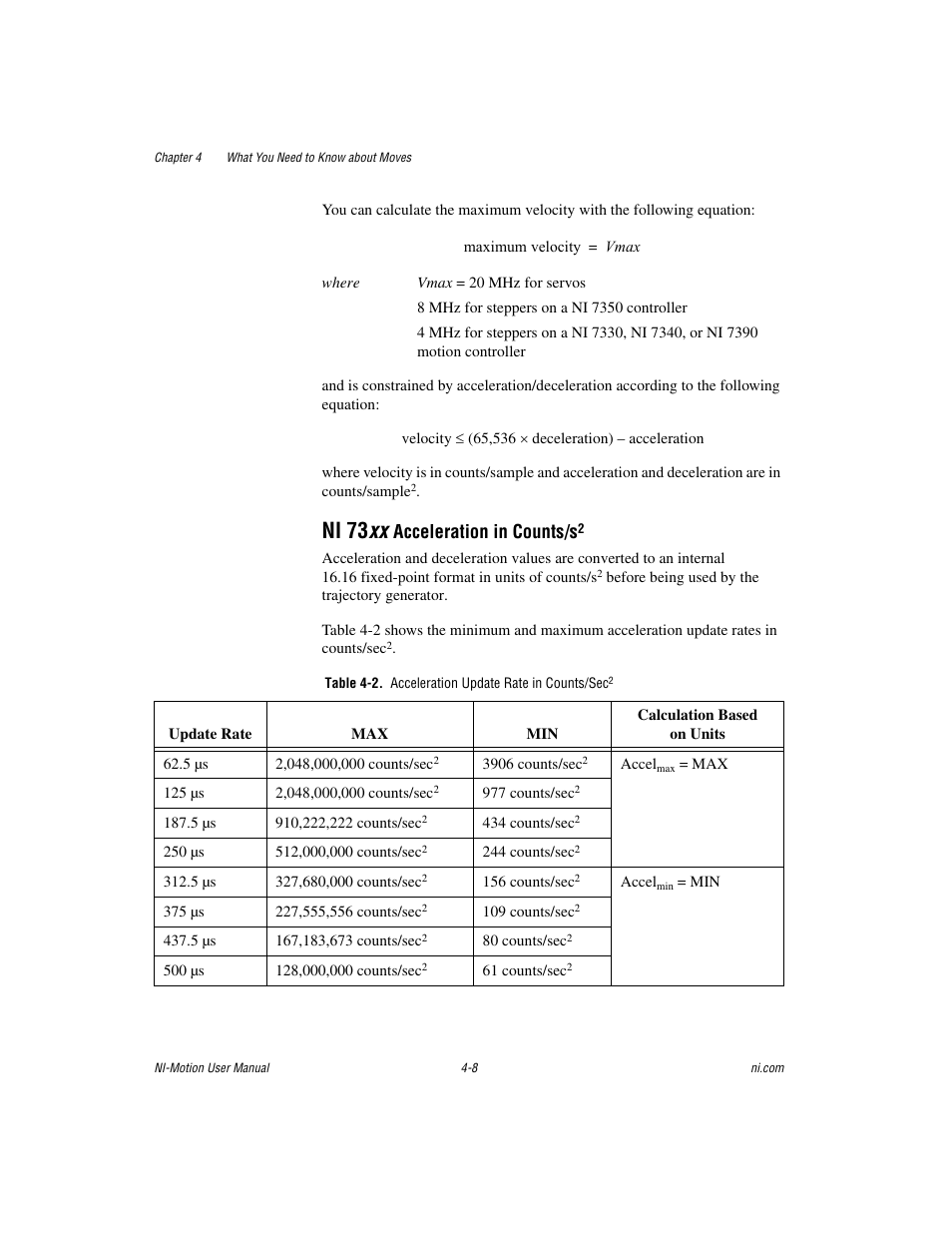 Table 4-2. acceleration update rate in counts/sec2, Ni 73 xx, Acceleration in counts/s | National Instruments NI-Motion User Manual | Page 49 / 305