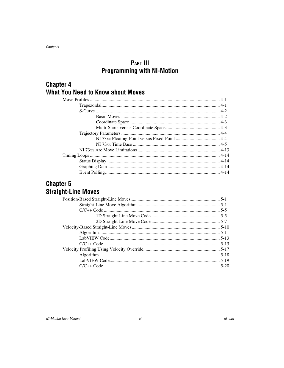 Chapter 5 straight-line moves | National Instruments NI-Motion User Manual | Page 5 / 305