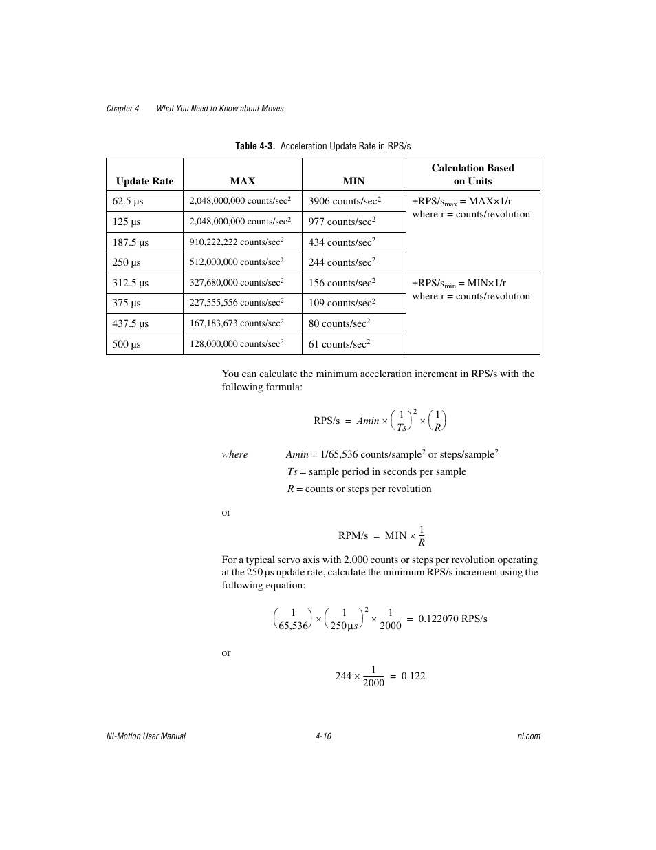 Table 4-3. acceleration update rate in rps/s | National Instruments NI-Motion User Manual | Page 51 / 305