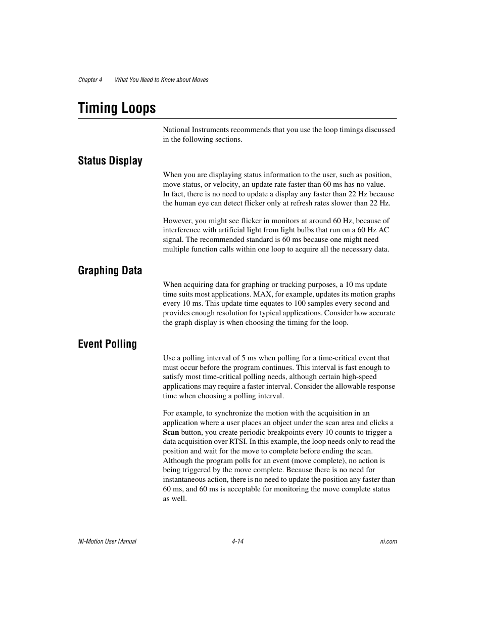 Timing loops, Status display, Graphing data | Event polling, Timing loops -14 | National Instruments NI-Motion User Manual | Page 55 / 305