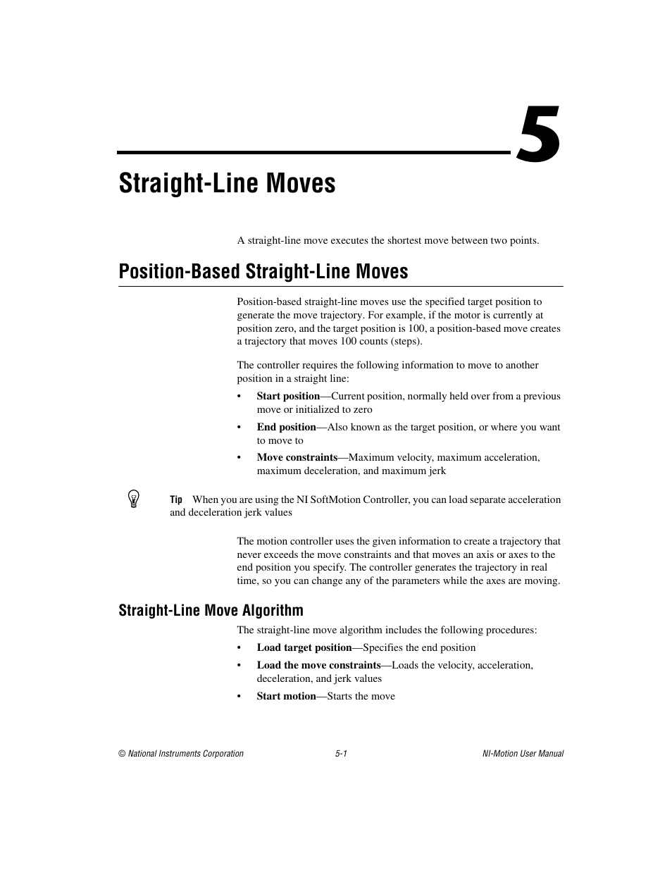 Chapter 5 straight-line moves, Position-based straight-line moves, Straight-line move algorithm | Position-based straight-line moves -1, Straight-line move algorithm -1, Straight-line moves | National Instruments NI-Motion User Manual | Page 56 / 305