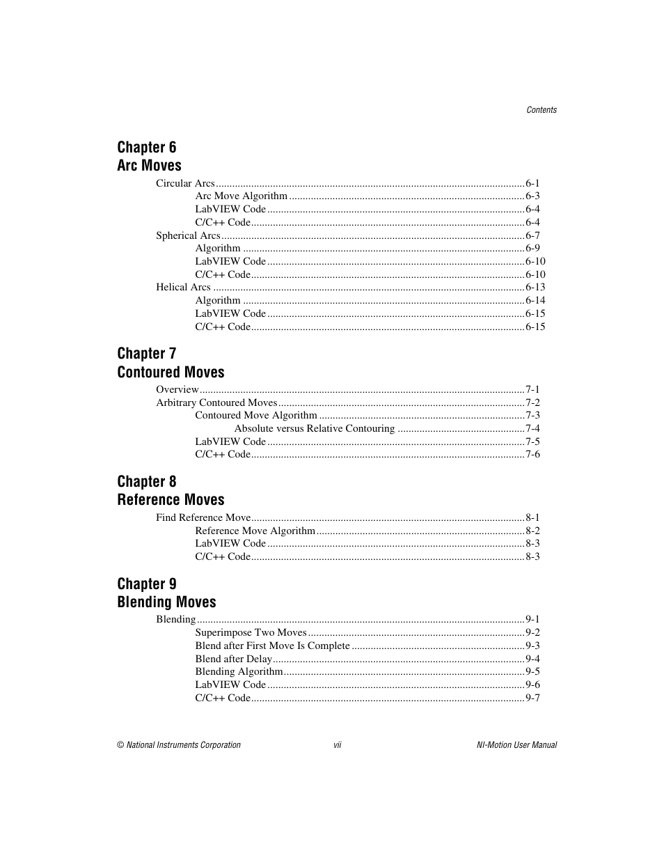 Chapter 6 arc moves, Chapter 7 contoured moves, Chapter 8 reference moves | Chapter 9 blending moves | National Instruments NI-Motion User Manual | Page 6 / 305