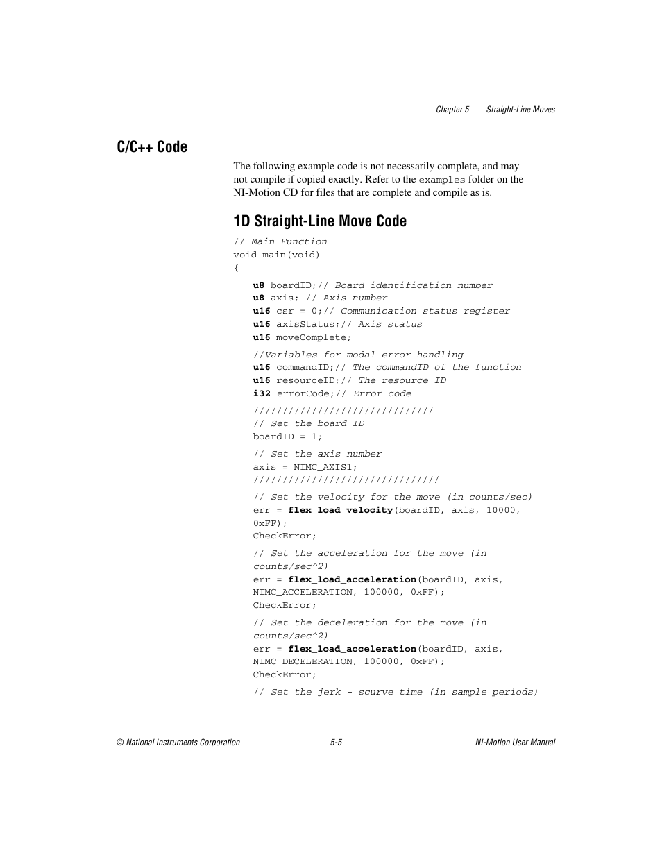 C/c++ code, 1d straight-line move code, C/c++ code -5 | 1d straight-line move code -5 | National Instruments NI-Motion User Manual | Page 60 / 305