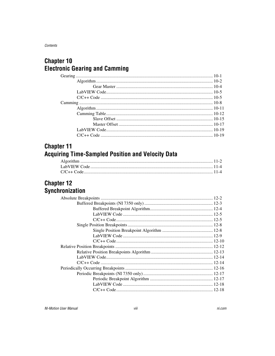 Chapter 10 electronic gearing and camming, Chapter 12 synchronization | National Instruments NI-Motion User Manual | Page 7 / 305