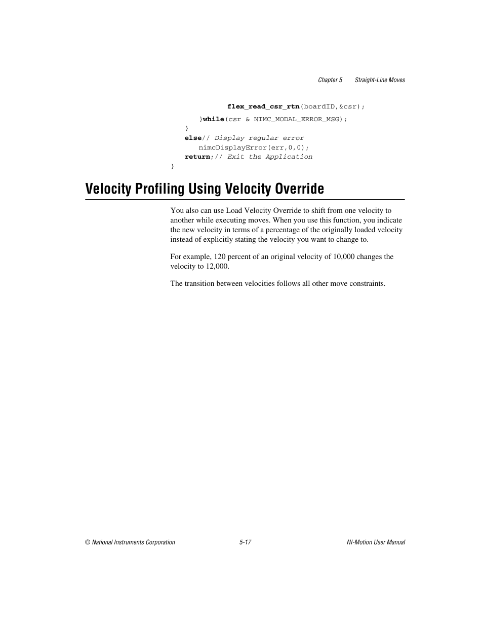 Velocity profiling using velocity override, Velocity profiling using velocity override -17 | National Instruments NI-Motion User Manual | Page 72 / 305
