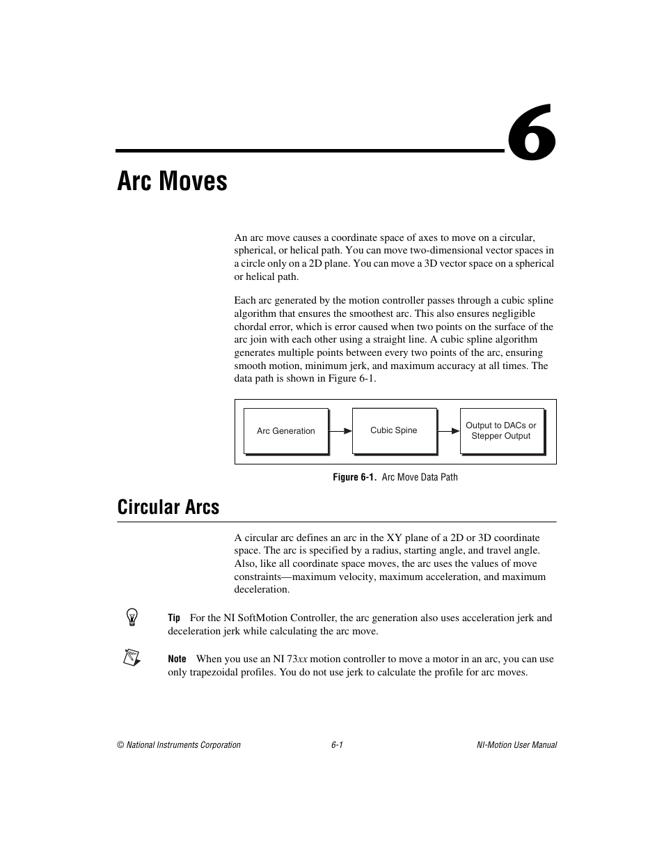 Chapter 6 arc moves, Figure 6-1. arc move data path, Circular arcs | Circular arcs -1, Arc moves | National Instruments NI-Motion User Manual | Page 79 / 305