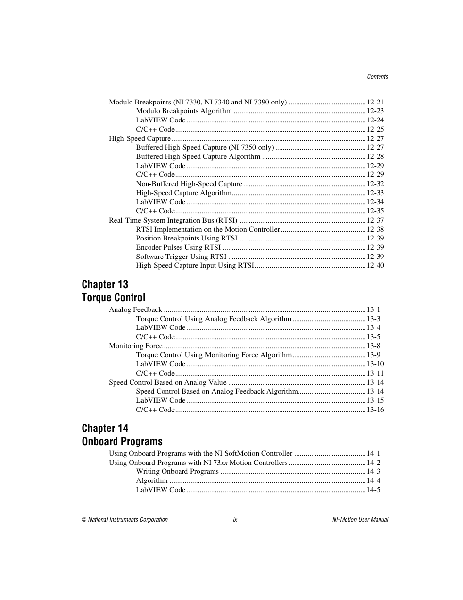 Chapter 13 torque control, Chapter 14 onboard programs | National Instruments NI-Motion User Manual | Page 8 / 305