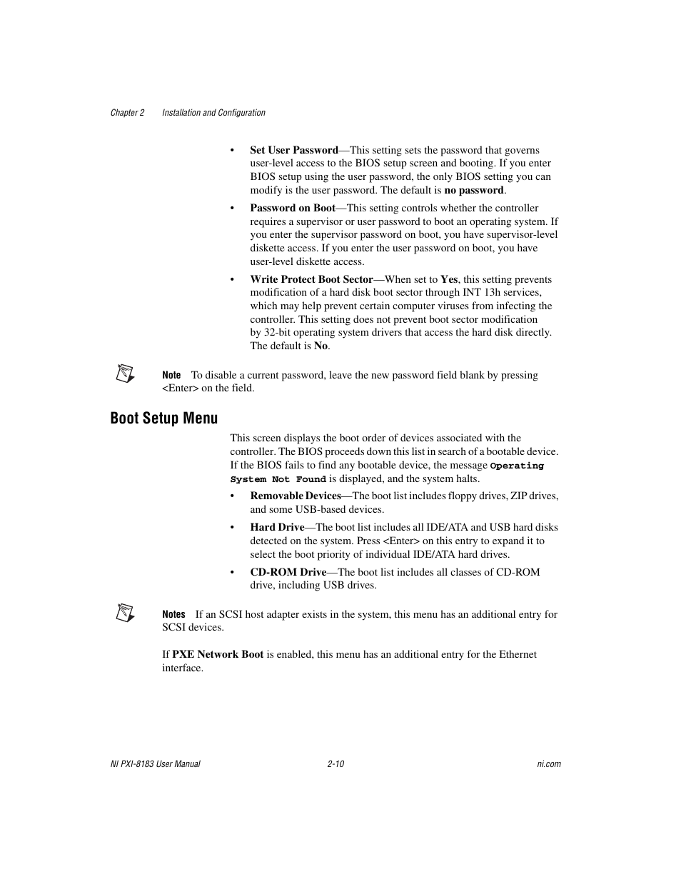Boot setup menu, Boot setup menu -10 | National Instruments Two-Slot Embedded Controller NI PXI-8183 User Manual | Page 23 / 69