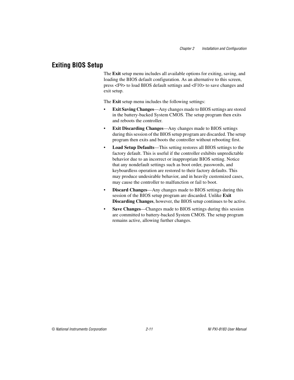 Exiting bios setup, Exiting bios setup -11 | National Instruments Two-Slot Embedded Controller NI PXI-8183 User Manual | Page 24 / 69