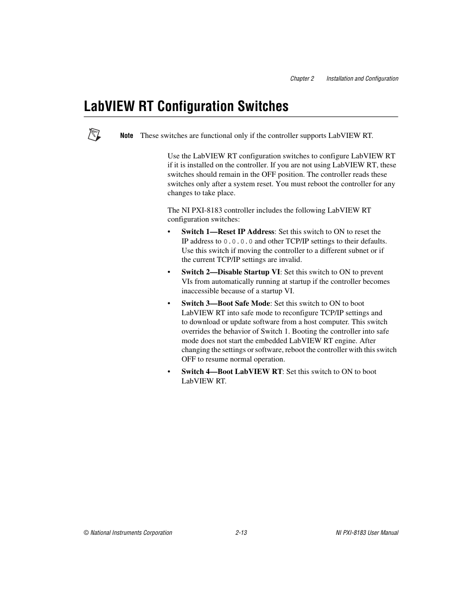 Labview rt configuration switches, Labview rt configuration switches -13, Labview | Rt configuration switches | National Instruments Two-Slot Embedded Controller NI PXI-8183 User Manual | Page 26 / 69