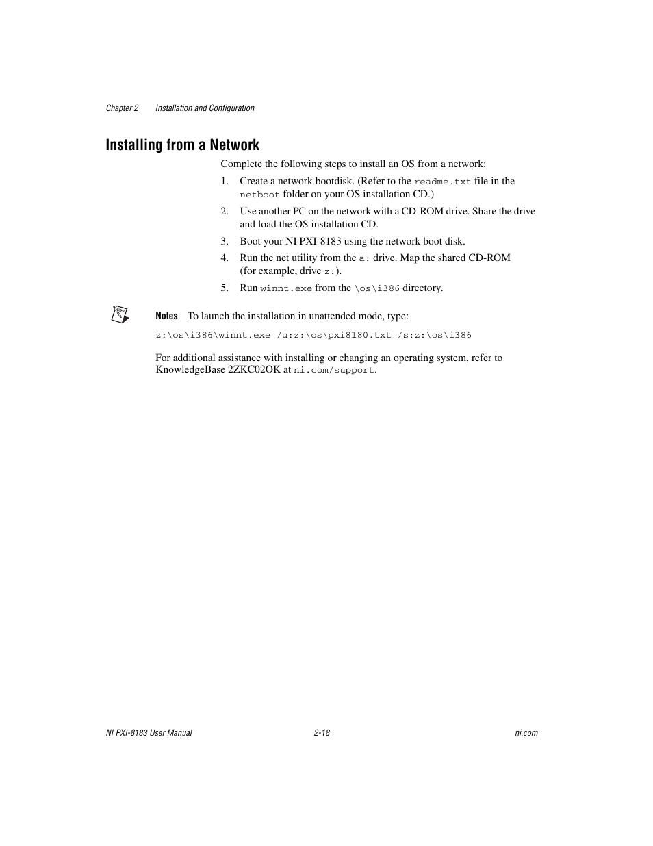 Installing from a network, Installing from a network -18 | National Instruments Two-Slot Embedded Controller NI PXI-8183 User Manual | Page 31 / 69