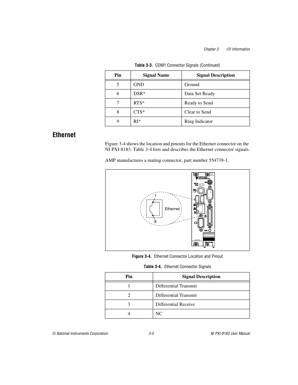 Ethernet, Figure 3-4. ethernet connector location and pinout, Table 3-4. ethernet connector signals | Ethernet -5 | National Instruments Two-Slot Embedded Controller NI PXI-8183 User Manual | Page 36 / 69