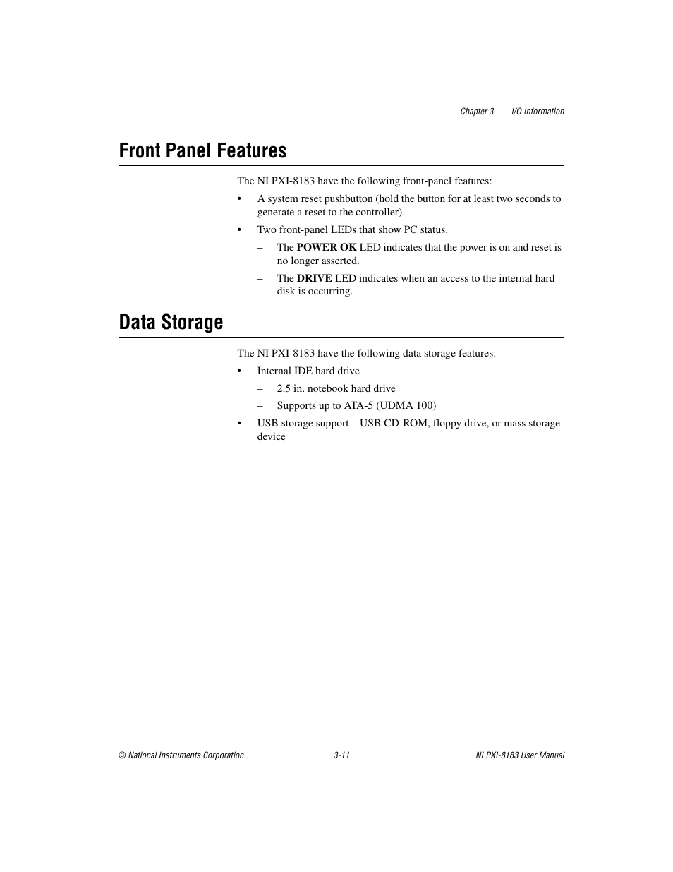Front panel features, Data storage, Front panel features -11 data storage -11 | National Instruments Two-Slot Embedded Controller NI PXI-8183 User Manual | Page 42 / 69