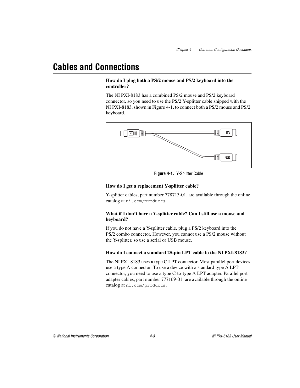 Cables and connections, Figure 4-1. y-splitter cable, Cables and connections -3 | Y-splitter cable, Gure 4-1 | National Instruments Two-Slot Embedded Controller NI PXI-8183 User Manual | Page 45 / 69