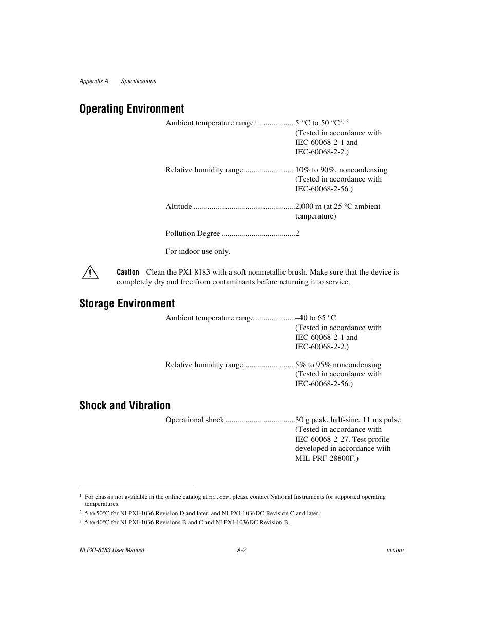 Operating environment, Storage environment, Shock and vibration | National Instruments Two-Slot Embedded Controller NI PXI-8183 User Manual | Page 54 / 69