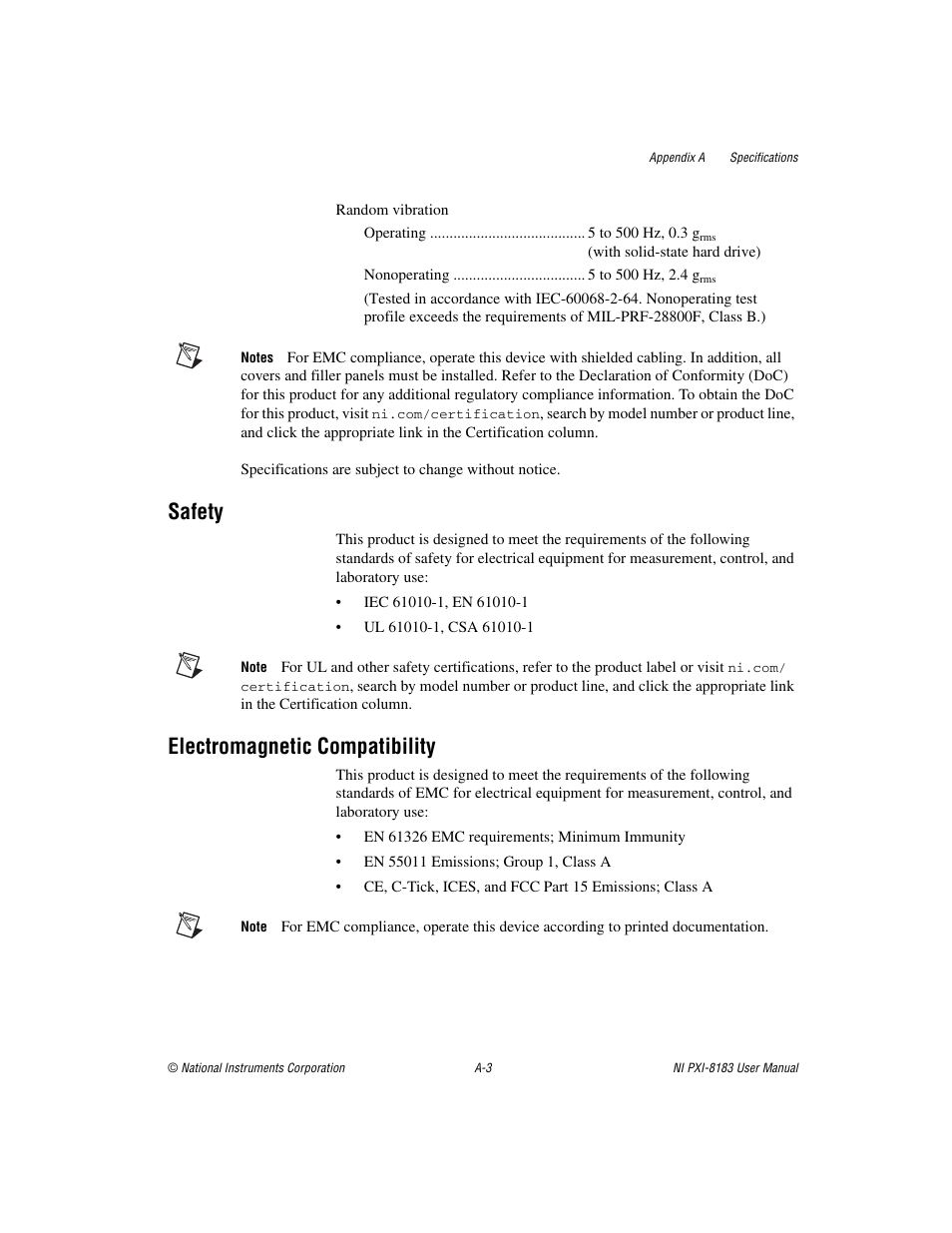 Safety, Electromagnetic compatibility | National Instruments Two-Slot Embedded Controller NI PXI-8183 User Manual | Page 55 / 69