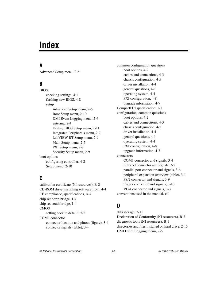 Index | National Instruments Two-Slot Embedded Controller NI PXI-8183 User Manual | Page 65 / 69