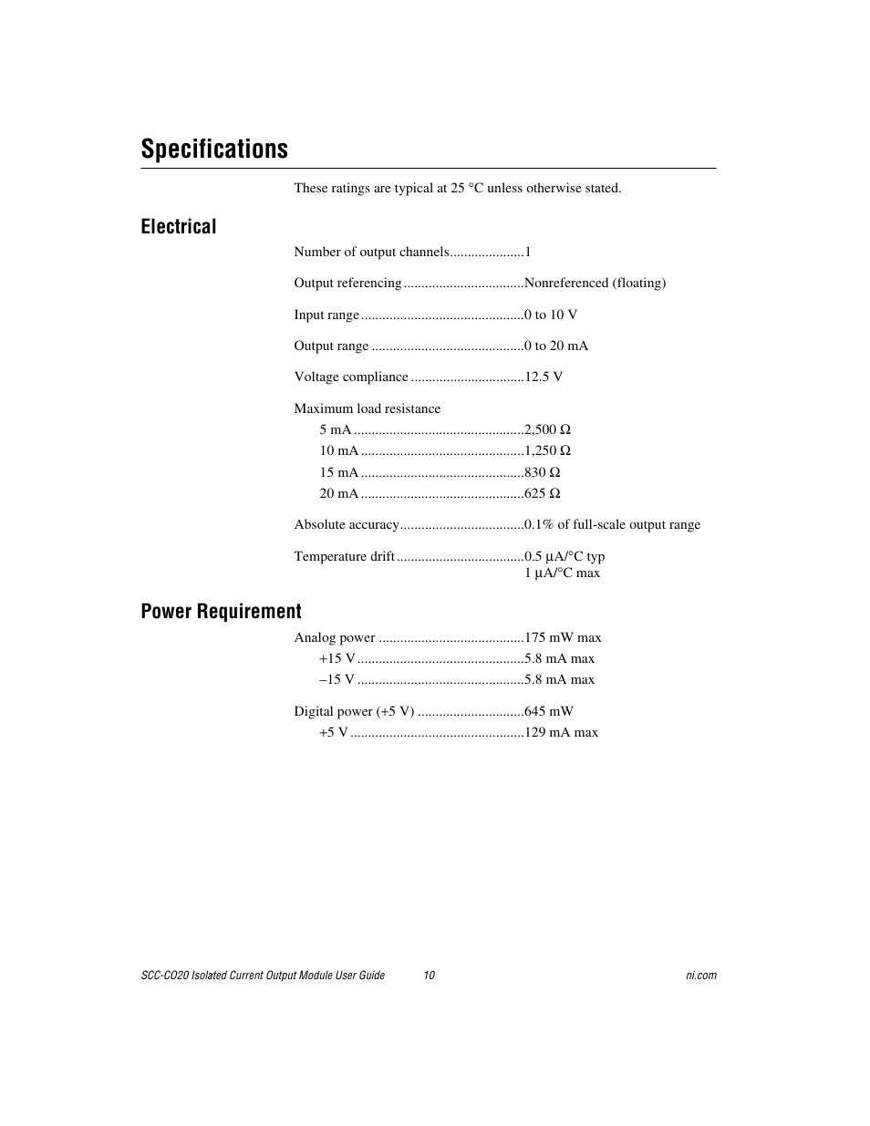 Specifications, Electrical, Power requirement | National Instruments Isolated Current Output Module SCC-CO20 User Manual | Page 10 / 15