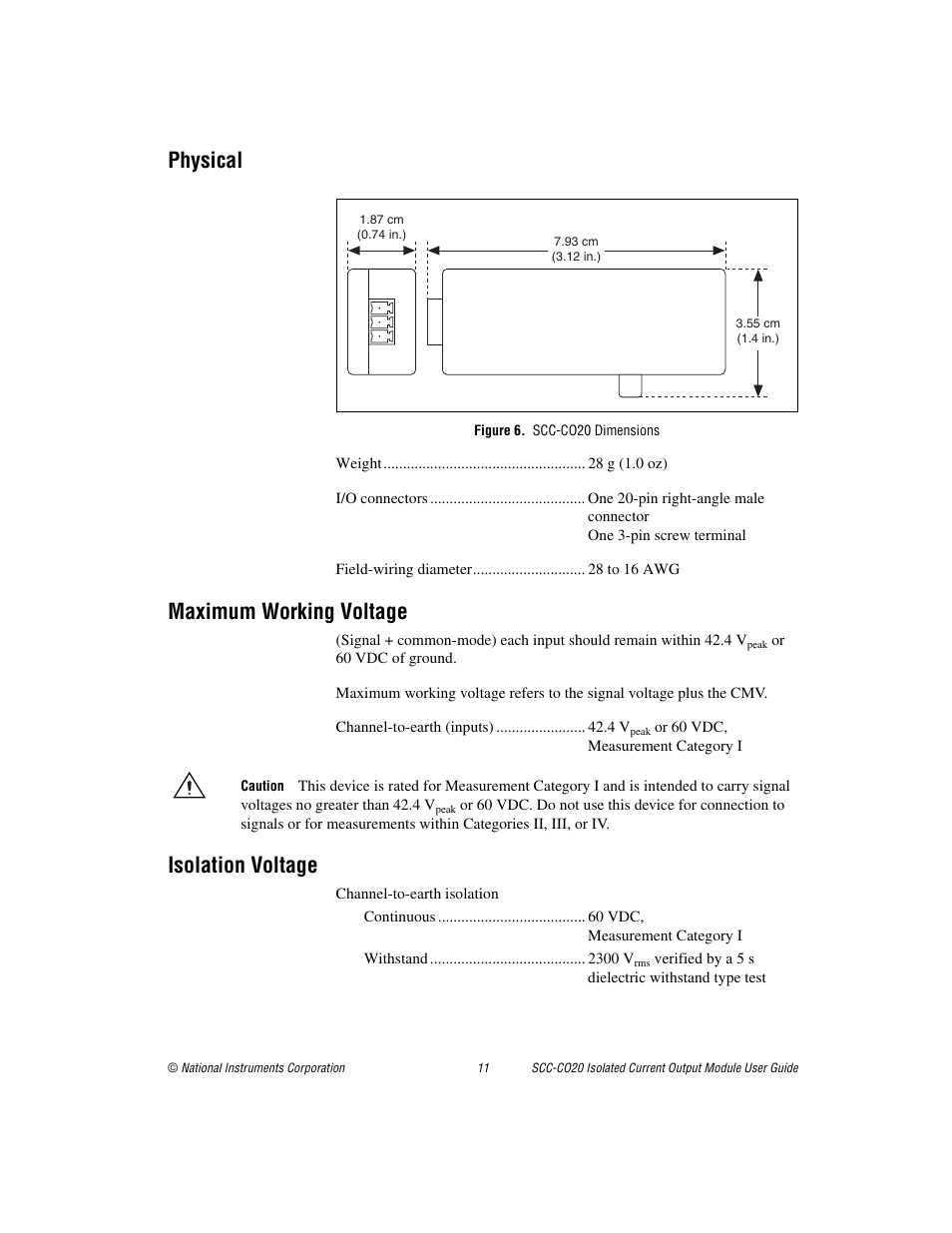 Physical, Figure 6. scc-co20 dimensions, Maximum working voltage | Isolation voltage | National Instruments Isolated Current Output Module SCC-CO20 User Manual | Page 11 / 15