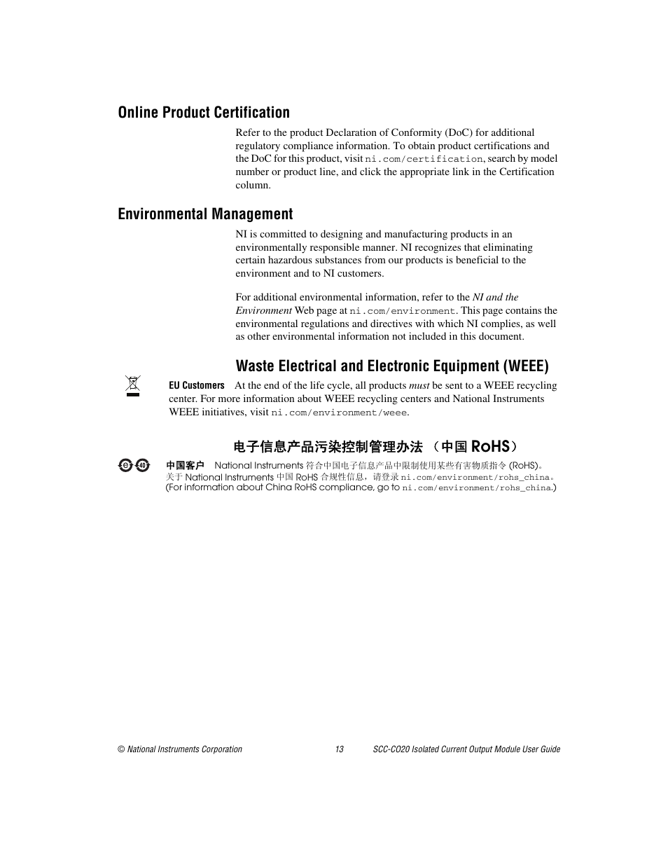 Online product certification, Environmental management, Online | Product certification, Rohs, Waste electrical and electronic equipment (weee), ᄤֵᙃѻક∵ᶧ᥻ࠊㅵ⧚ࡲ⊩ ˄ё | National Instruments Isolated Current Output Module SCC-CO20 User Manual | Page 13 / 15