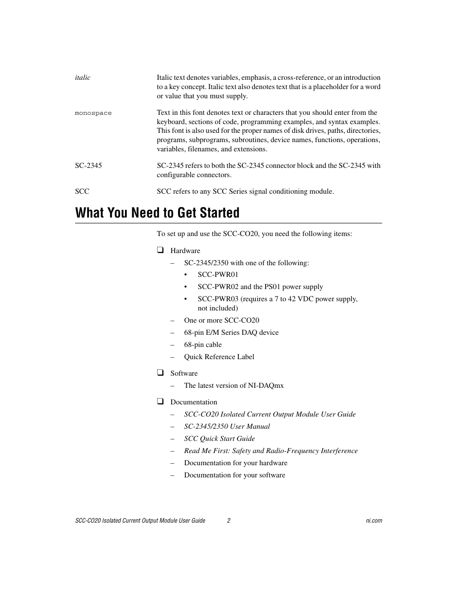 What you need to get started | National Instruments Isolated Current Output Module SCC-CO20 User Manual | Page 2 / 15