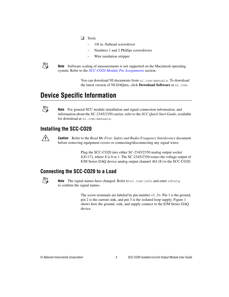 Device specific information, Installing the scc-co20, Connecting the scc-co20 to a load | National Instruments Isolated Current Output Module SCC-CO20 User Manual | Page 3 / 15