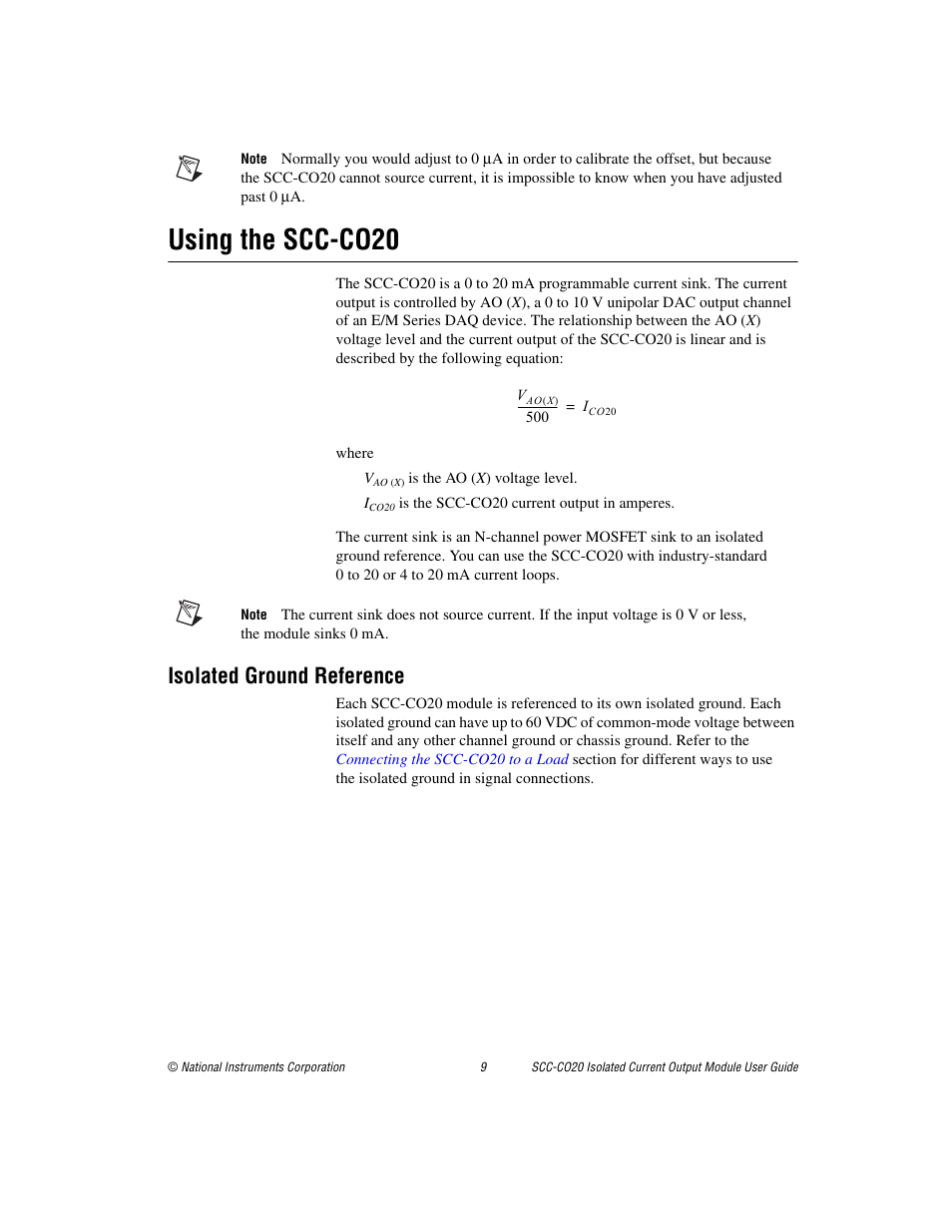 Using the scc-co20, Isolated ground reference | National Instruments Isolated Current Output Module SCC-CO20 User Manual | Page 9 / 15