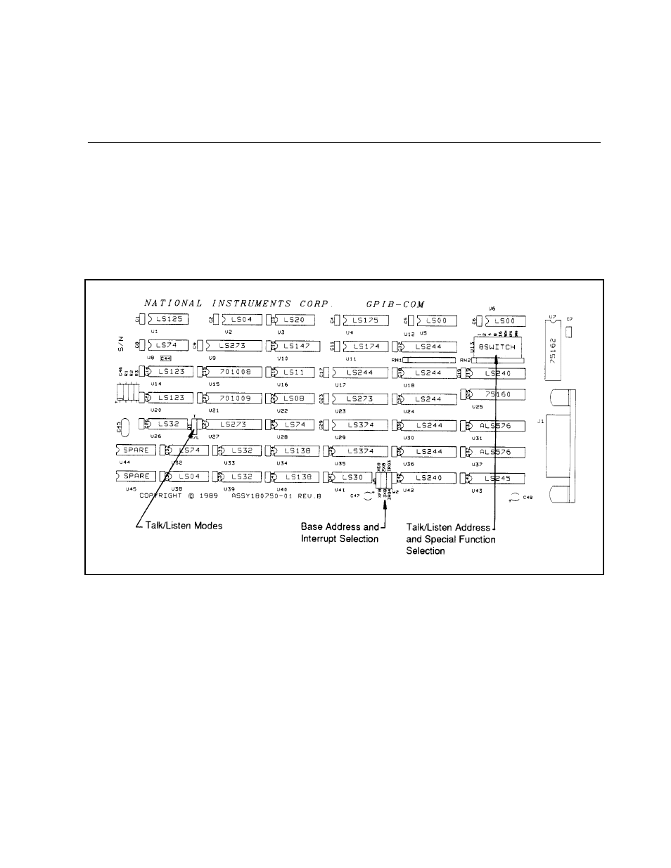 Section two configuration and installation, Configuration, Figure 2-1. gpib-com parts locator diagram | National Instruments GPIB-COM User Manual | Page 13 / 56