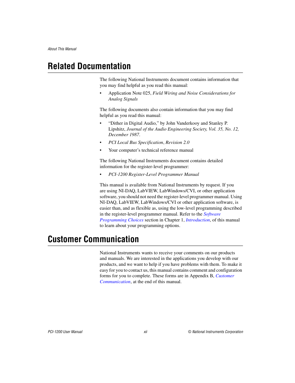 Related documentation, Customer communication | National Instruments PCI-1200 User Manual | Page 11 / 100