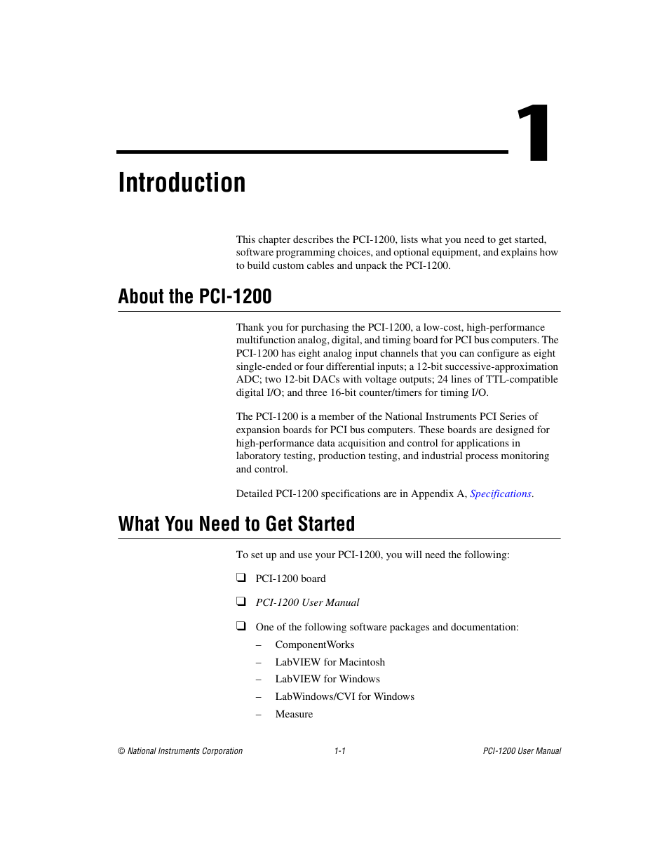 Chapter 1 introduction, About the pci1200, What you need to get started | Introduction, About the pci-1200 | National Instruments PCI-1200 User Manual | Page 12 / 100