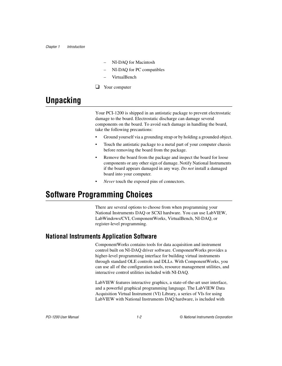 Unpacking, Software programming choices, National instruments application software | Unpacking -2 software programming choices -2, National instruments application software -2, Software, Programming choices | National Instruments PCI-1200 User Manual | Page 13 / 100