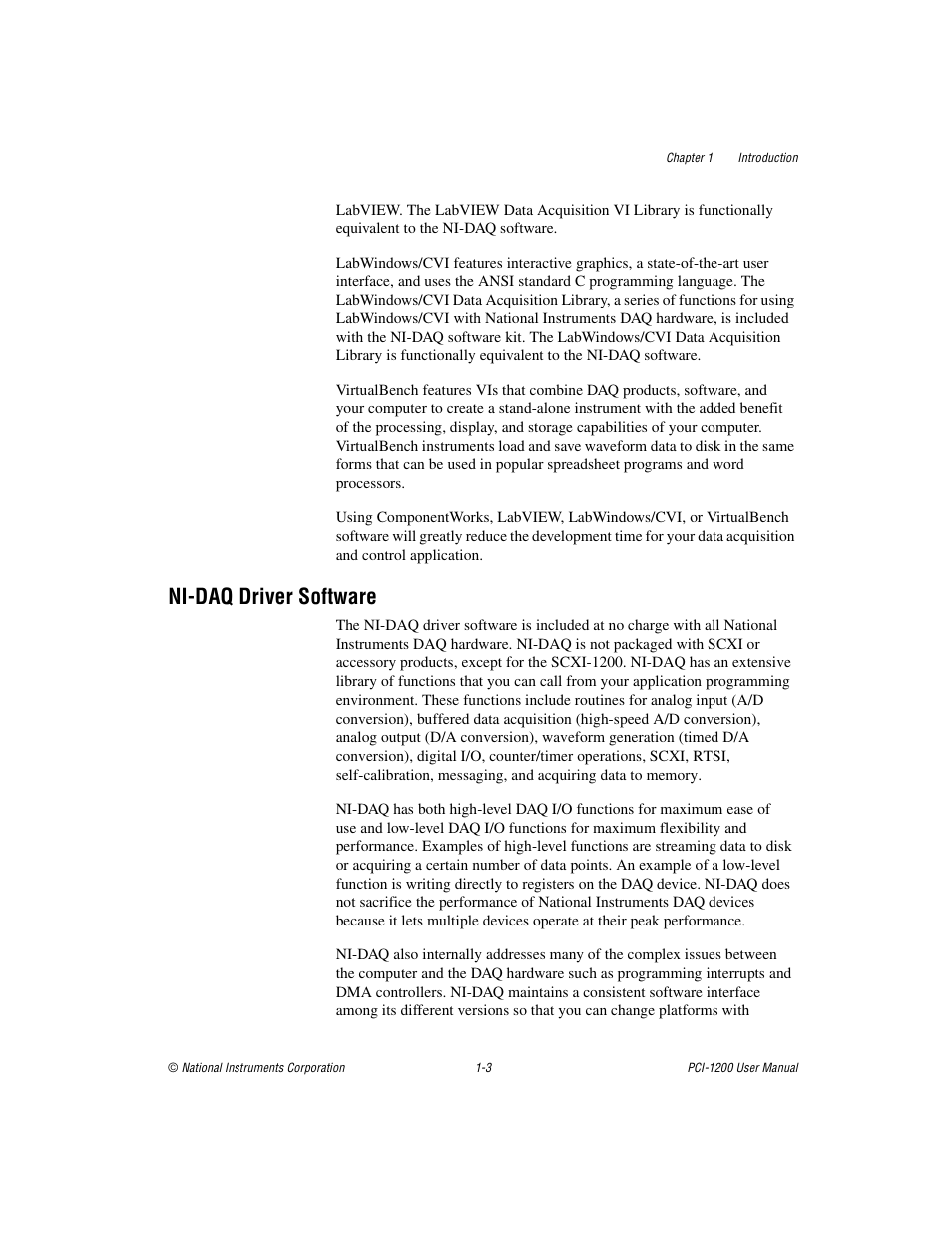 Nidaq driver software, Ni-daq driver software -3, Ni-daq driver software | National Instruments PCI-1200 User Manual | Page 14 / 100