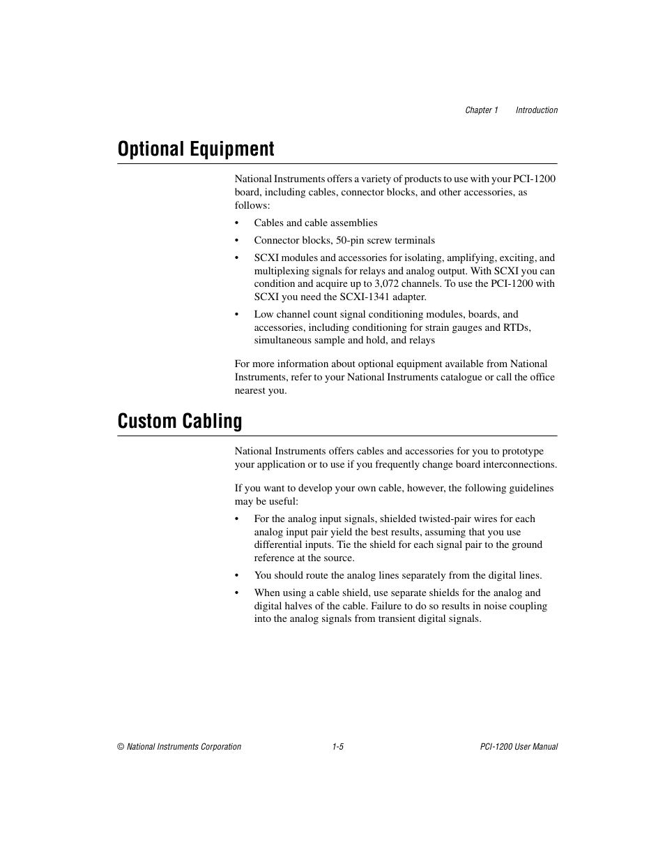 Optional equipment, Custom cabling, Optional equipment -5 custom cabling -5 | National Instruments PCI-1200 User Manual | Page 16 / 100