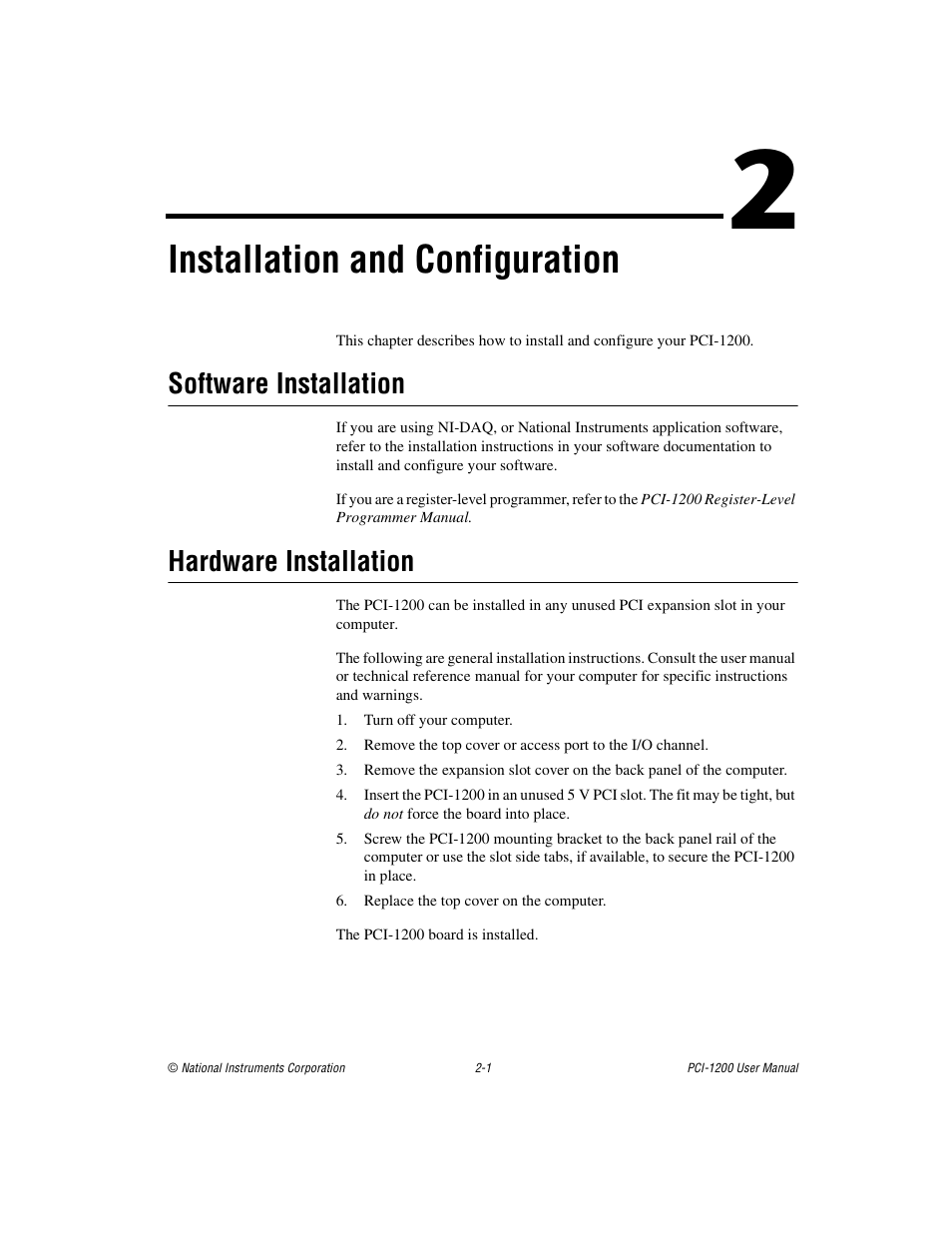 Chapter 2 installation and configuration, Software installation, Hardware installation | Software installation -1 hardware installation -1, Installation and configuration | National Instruments PCI-1200 User Manual | Page 18 / 100