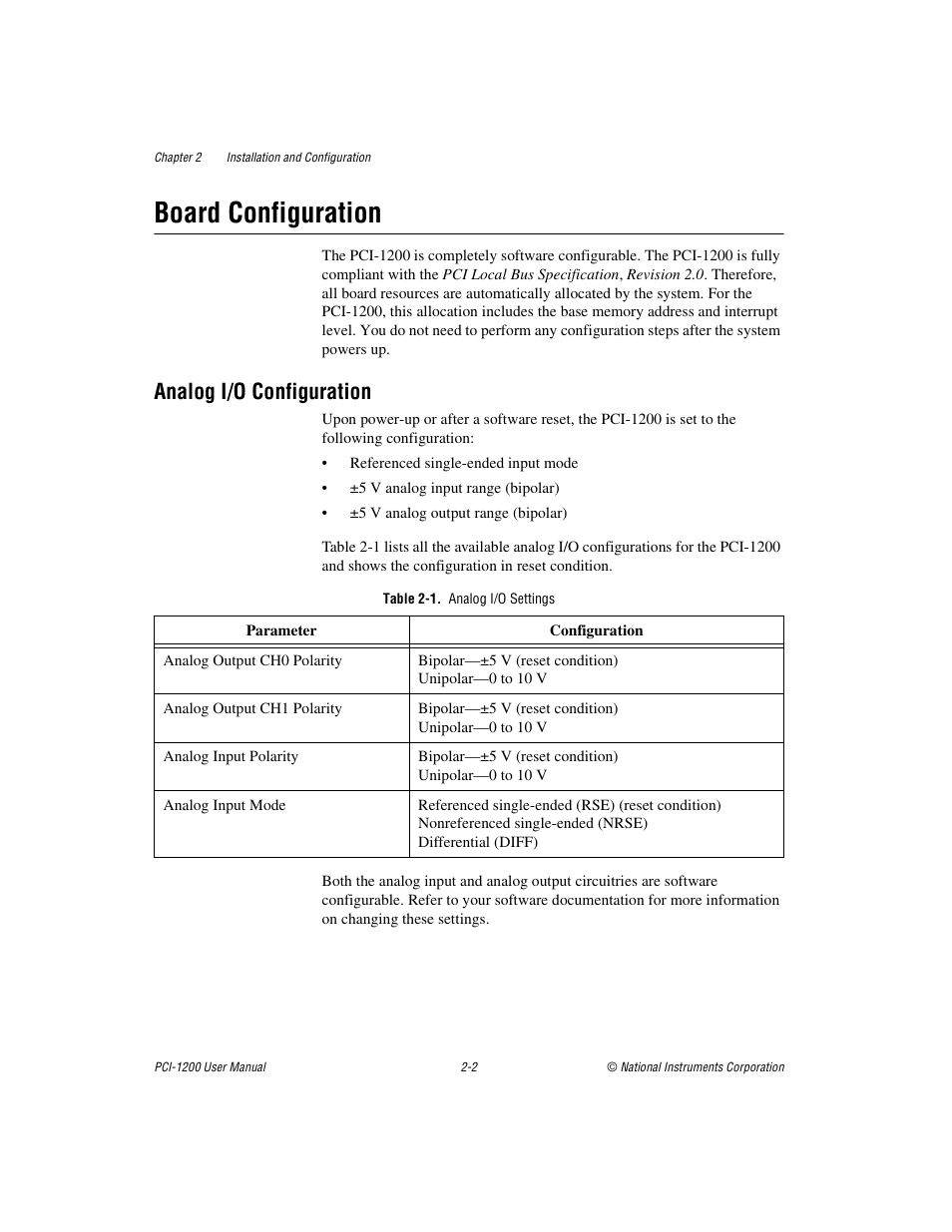 Board configuration, Analog i/o configuration, Table 21. analog i/o settings | Board configuration -2, Analog i/o configuration -2, Table 2-1, Analog i/o settings -2 | National Instruments PCI-1200 User Manual | Page 19 / 100