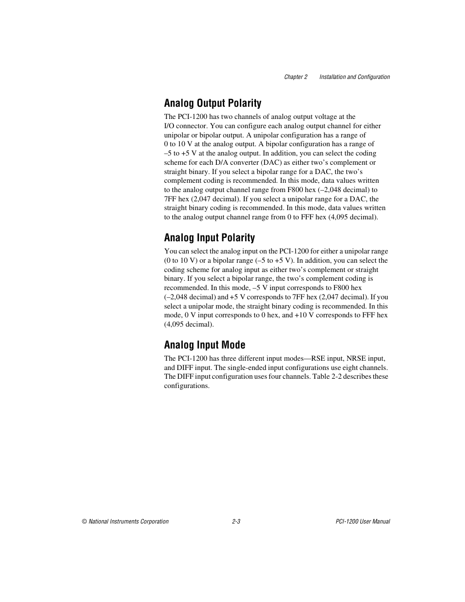Analog output polarity, Analog input polarity, Analog input mode | National Instruments PCI-1200 User Manual | Page 20 / 100