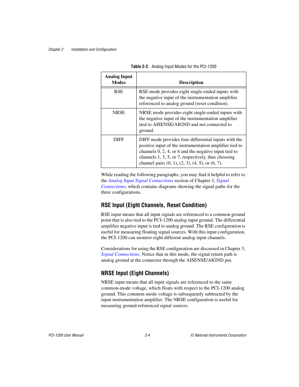 Table 22. analog input modes for the pci1200, Table 2-2, Analog input modes for the pci-1200 -4 | National Instruments PCI-1200 User Manual | Page 21 / 100