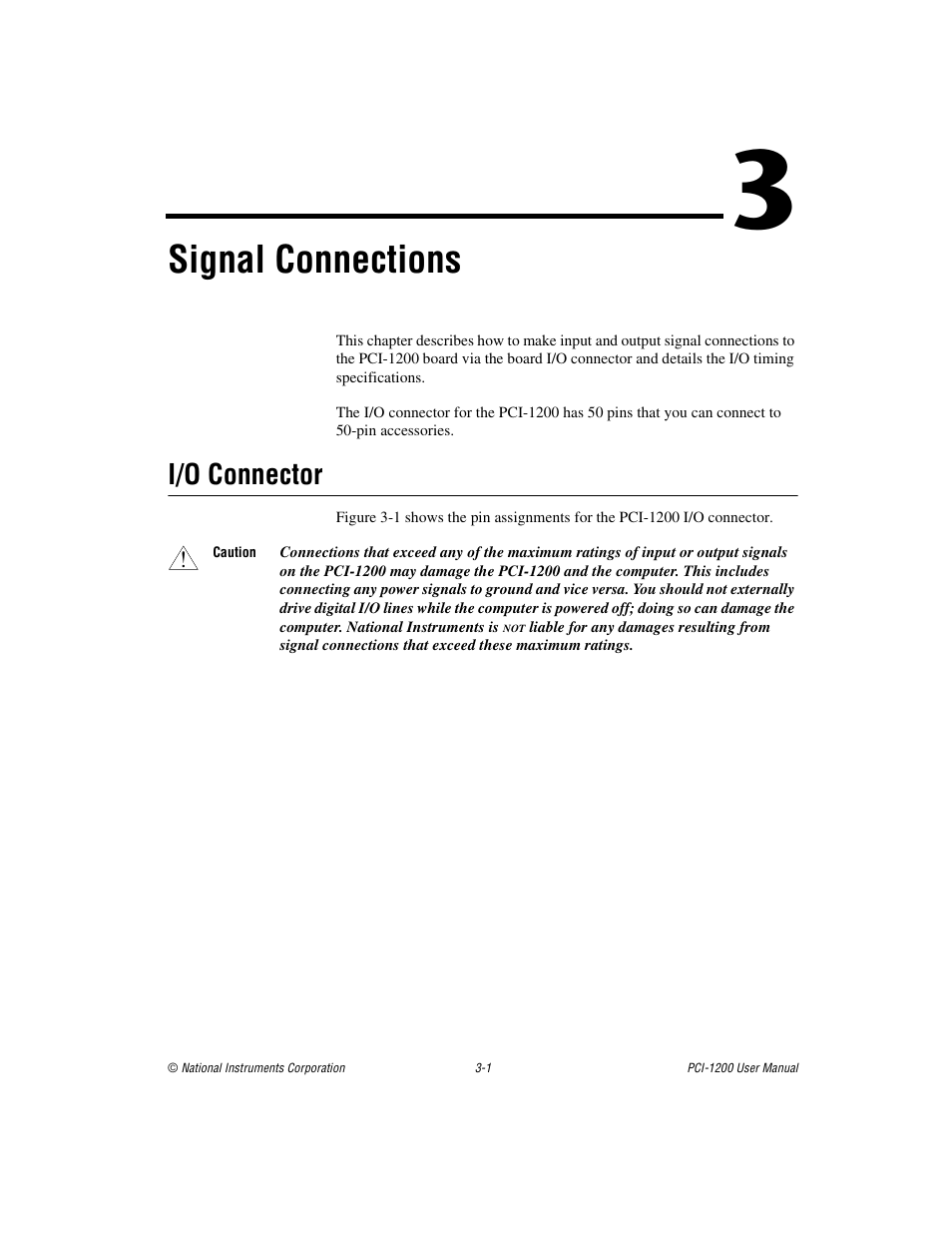 Chapter 3 signal connections, I/o connector, I/o connector -1 | Signal connections, Ter 3, Signal, Connections, Which | National Instruments PCI-1200 User Manual | Page 23 / 100
