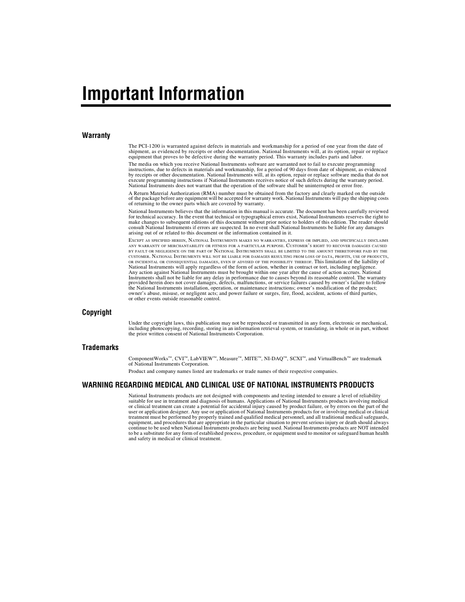 Important information, Warranty, Copyright | Trademarks | National Instruments PCI-1200 User Manual | Page 3 / 100