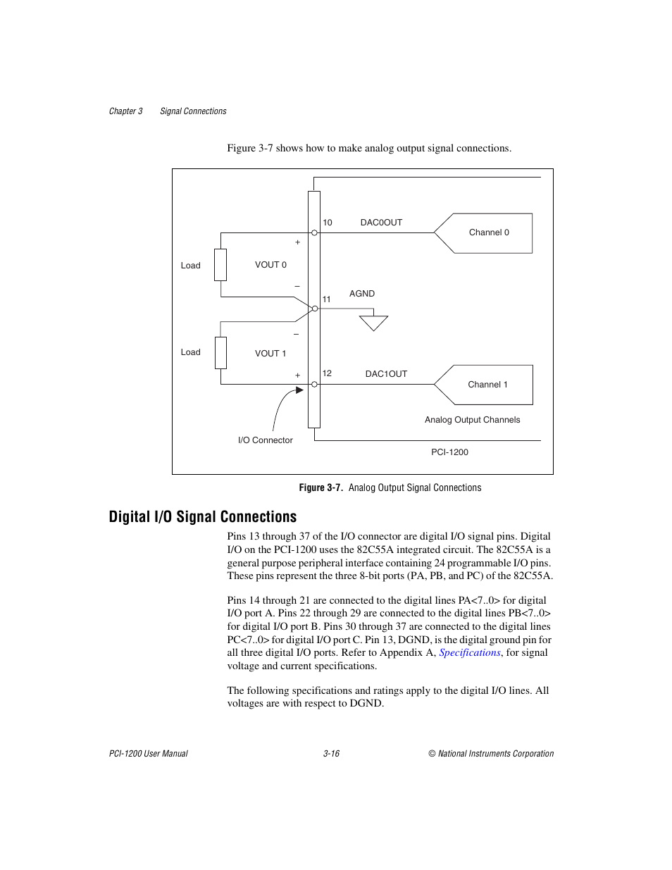 Digital i/o signal connections, Figure 37. analog output signal connections, Digital i/o signal connections -16 | Figure 3-7, Analog output signal connections -16 | National Instruments PCI-1200 User Manual | Page 38 / 100