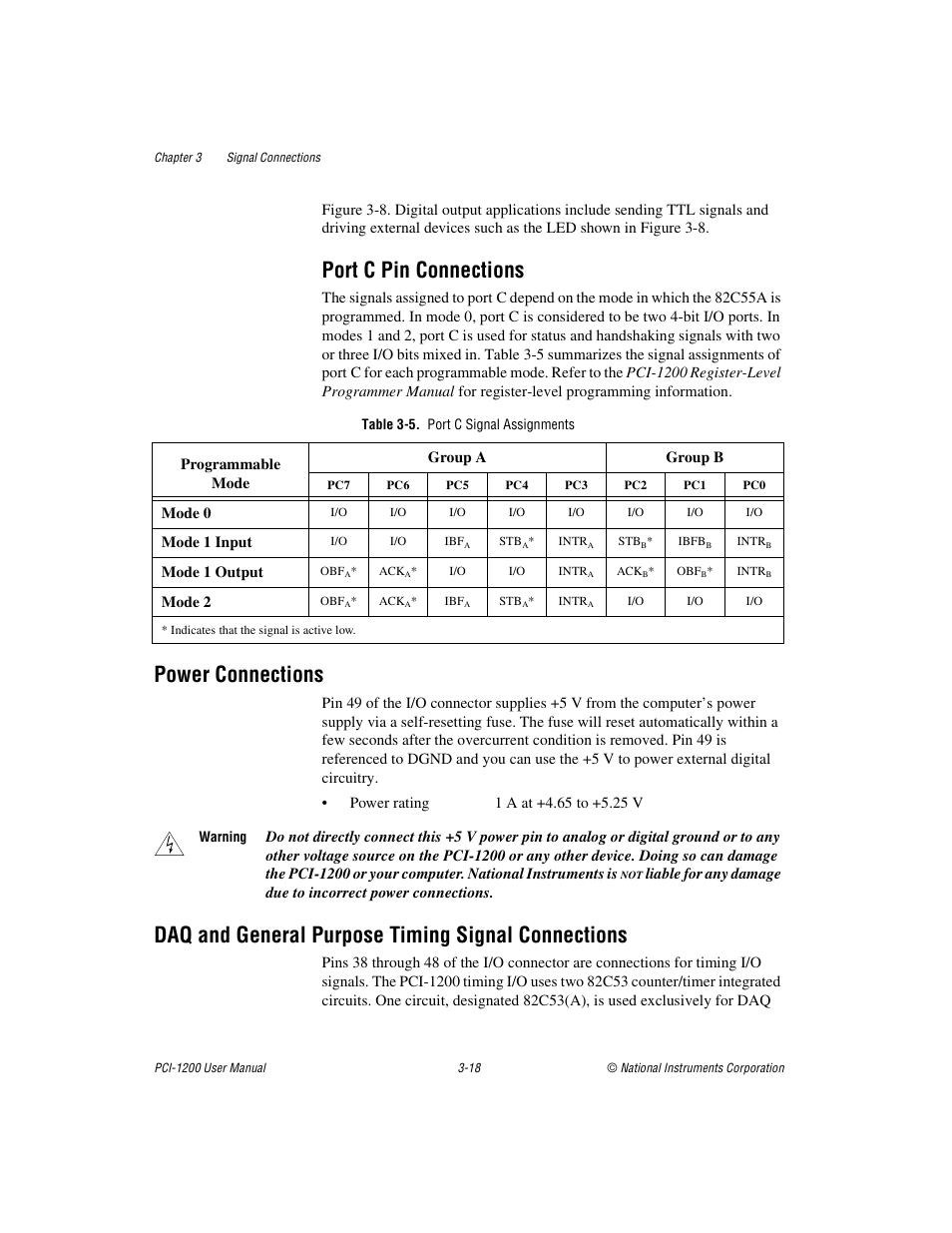 Port c pin connections, Power connections, Daq and general purpose timing signal connections | Table 3-5. port c signal assignments, Port c pin connections -18, Table 3-5, Port c signal assignments -18 | National Instruments PCI-1200 User Manual | Page 40 / 100
